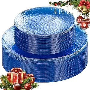 Rubtlamp 100 Pcs Blue Plastic Plates,Heavy Duty plastic Plates,Fancy Blue Disposable Plates, Hammered Plastic plates Include 50 Pcs Dessert Platos, 50 Pcs Dinner Platos for Party