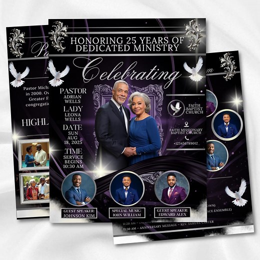 4 Page Pastor Anniversary Program Template, Purple and Black Church Anniversary Bi-fold Brochure, Canva Editable Pastor Appreciation Program - Etsy