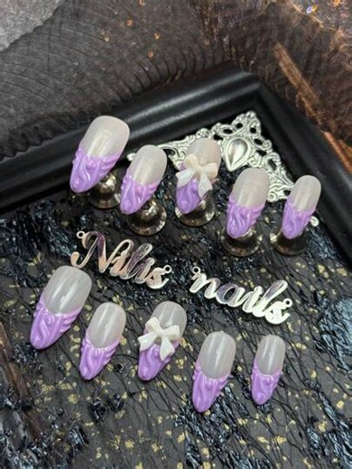 10 Handmade Full Coverage Fake Nail Almond Nail Set, Lilac Purple Nails, Lilac Purple French Nails, Hand Drawn Irregular Lines, 3D White Bow Nail Accessories And Accessories, Y2K Style Nail Art Set,Acrylic Nail Supplies Are Suitable For Women And Girl To Festivals,Daily, Gatherings,Parties&Valentine's Day Wear (With: A Piece Of JellyGlue And A Friction Strip) Nail Supplies | SHEIN