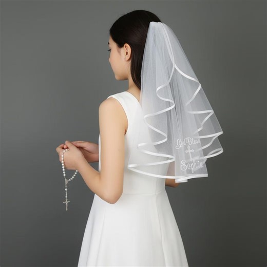 Personalized First Communion Veil for Girls, Embroidered God Bless Name Veil, Holy Cross Design White or Ivory Ribbon Edge Veil - Etsy