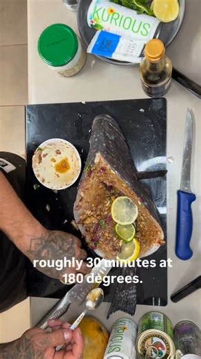 BEN BREBNER on Instagram: "F*ck cooking fish normally ✖️ Here’s one for the bake: Fish boat, stuffed with sticky coconut rice, topped with a mango, mint, coconut dressing. This plate sized Rankin cod was the exact fish I was after for this dish. Ingredients; For the fish - Coconut oil, lemon, lime, garlic, purple onion, soy sauce. Coconut rice - Desiccated coconut, @kuriouscoconut water, coconut oil. Mango, mint dressing - Fresh mango, coconut cream, chopped mint."