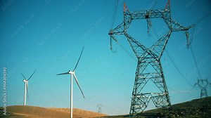 Wind power energy - electricity production - Power lines transmission lines - Electricity production from propellers