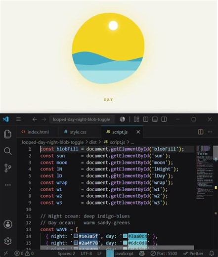 How to create Day and Night loop by using HTML,CSS and JAVASCRIPT in VS code.