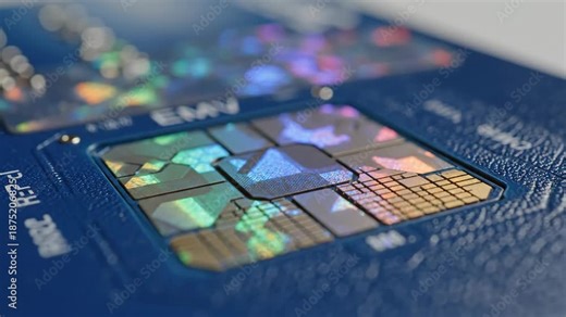 Close-up of a blue credit card EMV chip. Holographic patterns shimmer and change colors. Modern financial technology and secure payment concept