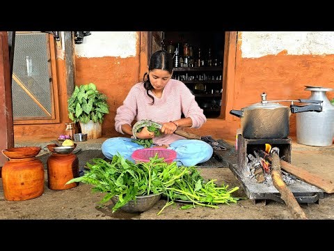 Authentic Nepali Village Cooking || Farm Fresh Greens, Lentils, Chicken Curry, Hemp Seed Pickle||