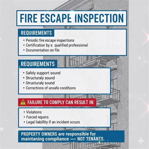 Fire Escape Inspection Requirements Inspection requirements vary by jurisdiction, but most cities and municipalities require: \t•\tPeriodic fire escape inspections \t•\tCertification by a qualified professional \t•\tDocumentation on file \t•\tCorrections of unsafe conditions Failure to comply can result in: \t•\tViolations \t•\tFines \t•\tForced repairs \t•\tLegal liability if an incident occurs Property owners are responsible for maintaining compliance — not tenants. Welcome to Atlantic Ironwor