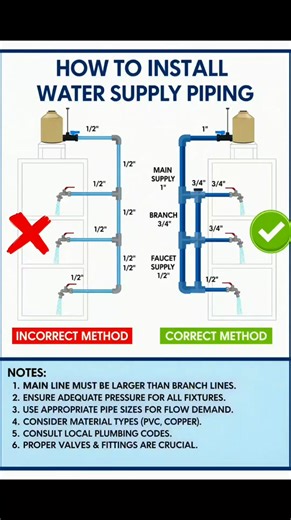 𝗛𝗢𝗪 𝗧𝗢 𝗜𝗡𝗦𝗧𝗔𝗟𝗟 𝗪𝗔𝗧𝗘𝗥 𝗦𝗨𝗣𝗣𝗟𝗬 𝗣𝗜𝗣𝗜𝗡𝗚 | 𝗖𝗢𝗥𝗥𝗘𝗖𝗧 𝗩𝗦 𝗜𝗡𝗖𝗢𝗥𝗥𝗘𝗖𝗧 𝗠𝗘𝗧𝗛𝗢𝗗 Many plumbing problems start because of wrong pipe sizing and poor distribution planning. This image clearly explains the difference between incorrect and correct water supply piping methods. Understanding this basic concept can save you from low pressure issues, uneven flow, and future maintenance problems. 𝗜𝗡𝗖𝗢𝗥𝗥𝗘𝗖𝗧 𝗠𝗘𝗧𝗛𝗢𝗗 In the incorrect method, all fixtures ar