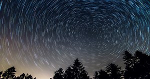 Download Star trails over the night sky, Time lapse of star trail, pine trees in the foreground, Avala, Belgrade, Serbia. The night sky is astronomically accurate. for free