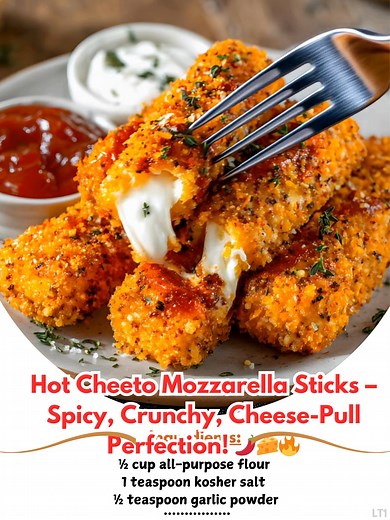 Hot 👉 Cheeto Mozzarella Sticks – Spicy, Crunchy, Cheese-Pull Perfection! 🌶️🧀🔥 Flamin’ Hot Cheetos melty mozzarella = the ultimate spicy snack for parties, game nights, or cravings! Ingredients (with measurements): • 1 (8.5 oz) bag Flamin’ Hot Cheetos (about 3 cups, crushed) • 12 mozzarella string cheese sticks (halved = 24 pieces) 😸 | Easy & Quickly Recipes Family