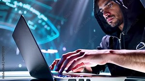 Dark-hooded figure typing on a laptop, surrounded by glowing codes and a futuristic interface. Perfect for cybersecurity and hacking visuals.