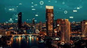Business data analytic interface fly over smart city showing alteration future of business intelligence. Computer software and artificial intelligence are used to analyze big data for strategic plan .