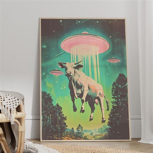 Retro Alien UFO Cow Abduction Art Poster or Canvas Print, Vintage UFO Print, Funny Retro Art Print, 50s Style Prints Alien and Cow Print - Etsy