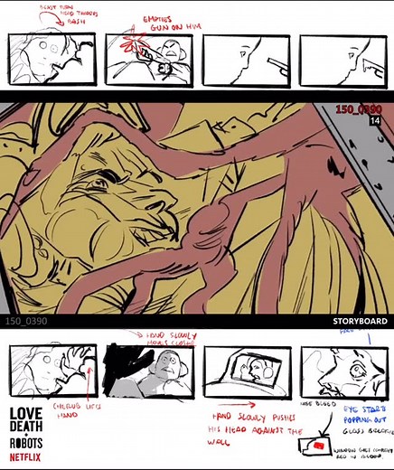 Diego Porral on Instagram: "I’m finally posting some of my work on @lovedeathandrobots for @netflix !! As director, I like to thumbnail the whole episode. Not necessarily for the boarders to have as reference (as the team we had ran circles around me.) But for me to have a clear image in my mind of how everything works. Some of the thumbnails end up looking like the final film, some don’t. Here is an example of ones that kind of do? Then we had the massive privilege to have the best team in the 