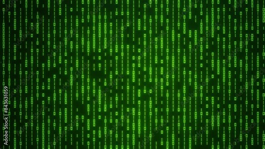 Abstract binary code background. Green numbers 0 and 1 display on computer screen top view. Digital technology, big data, cyber reality and programming concept. 4K video animation 3d rendering.