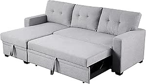 L Shaped Convertible Sleeper Sectional Sofa with Storage Chaise and Pull-Out Bed, Linen Upholstered Reversible Corner Couch w/Detachable Backrest for Living Room, Apartment, 3 Seater Home Furniture