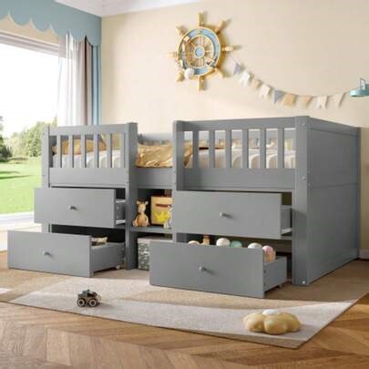 Low Loft Bed With Storage, Solid Wood Bed Frame With Drawer Storage, 3ft Single Bed With Guardrail, No Box Spring Needed, Saving-Space Design For Bedroom, Modern Bed For Children, Grey (No Mattress) | SHEIN