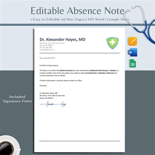 Editable Doctor's Excuse Template | Absence Form (word, Google Docs, Pages) - Etsy