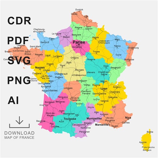 France Map Vector, French Regions & Departments (EPS, PDF, AI) - Etsy UK