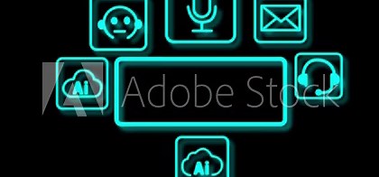 Neon Blue Icons for AI Chatbot and Communication on Black Background artificial intelligence robot