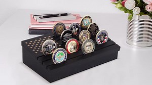 Samplife Coin Rack,Challenge Coins Display Stand Shelves Wooden Army Collectible Coins Holder Rack Case 6 Row Display American Flag