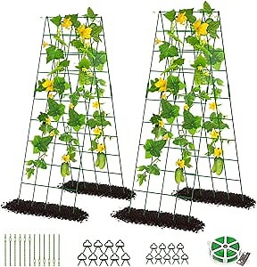 DoCred Cucumber Trellis, 59" High 2 Pack Foldable A Frame Trellis for Raised Bed Climbing Plants, Vegetables, Includes Plant Support Clips, Twist Ties, Plastic Ties- Made from PVC-Coated Steel