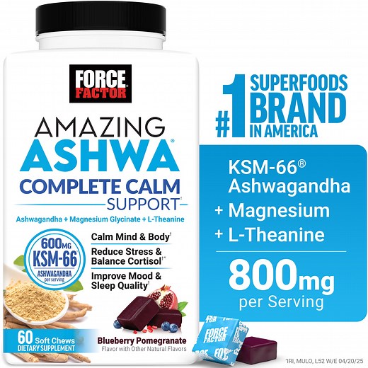 Force Factor Amazing Ashwa Complete Calm Support, KSM-66 Ashwagandha for Stress Relief, Relaxation & Sleep, Blueberry-Pomegranate, 60 Soft Chews