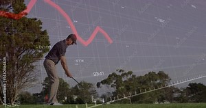Man swinging golf club on fairway, overlaying finance chart with red trend line and numeric labels