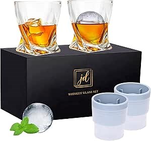 Whiskey Rocks Glass Set In Gift Box - Includes 2 Crystal Bourbon Glasses and 2 Big Ice Ball Molds - 11 Oz Old Fashioned Glasses for Scotch, Cocktails, Rum, Cognac, Vodka - Unique Gift for Men