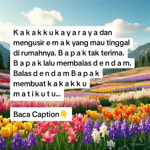 (1) . . . “Biar M a m a k dan B a p a k ikut aku,” kataku memecah suasana te gang yang sejak tadi hanya berputar tanpa solusi. Aku mu a k. Dari tadi cuma alasan. Tak satu pun saudaraku mau menampung M a m a k dan B a p a k. Padahal itu orang tua mereka sendiri. Ya Allah… set e g a itu mereka? Dalam hati kecilku ses a k. Rumahku kecil, pengap, tak layak. Tapi kalau bukan aku, siapa lagi? Masa tega membiarkan orang tua sendiri terlantar? Aku menatap wajah M a m a k dan B a p a k. Penuh gurat lelah