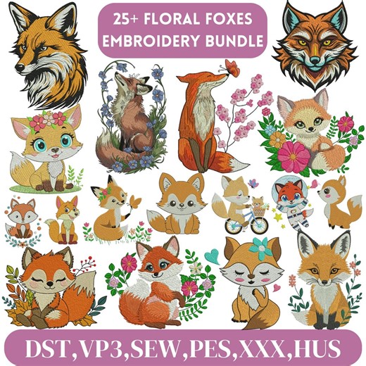 Fox Embroidery Design, Baby Fox Embroidery, Fox in Autumn Motif, Fall Fox Embroidery, Floral Fox Embroidery, Fox Design, Machine Embroidery - Etsy