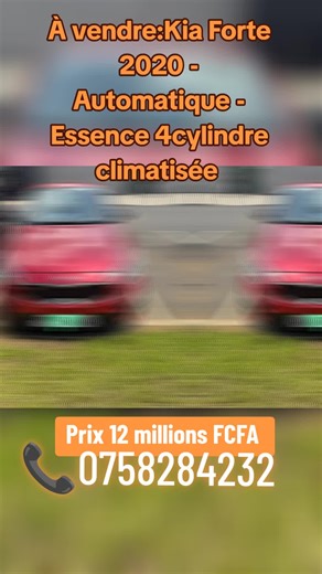 🚗 À V€NDRE – Kia Forte 1.6L Automatique (2020) 📍 Disponible à Cocody, Abidjan 🇨🇮 🏢 AL BURAQ AUTO SERVICE 💰 Prix : 12.000.000 FCFA TTC 🔧 Caractéristiques : 📆 Année : 2020 📍 Kilométrage : 51.377 km 🎨 Couleur : Rouge ⛽ Essence – 4 cylindres – 9CV fiscaux ⚙️ Boîte automatique ✅ État : Très bon état ✨ Options incluses : ❄️ Climatisation 🪟 Vitres électriques 🖥️ Écran tactile 📶 Bluetooth 🎥 Caméra de recul 🛞 Jantes alliage 🌅 Toit panoramique 💡 Véhicule moderne, élégant et bien équipé. I