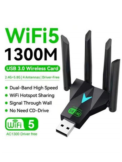 KZ Adaptor de placă de rețea wireless USB 3.0 de mare viteză, dual band 2.4G/5.8GHz, adaptor WiFi 1300Mbps cu 4 antene, receptor WiFi wireless pentru desktop și laptop, nu necesită driver, semnal puternic, conexiune multi-dispozitiv, compatibil cu Windows XP/7/8/8.1/10/11 | SHEIN