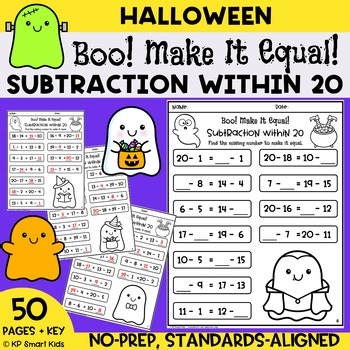 Halloween Subtraction Worksheets Balancing Equations Within 20 Missing Numbers