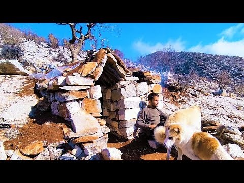 Build a stone domed roof house with chimney - Underground primitive stone shelter, Wild Camp