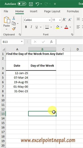 Find the Day of the Week from Any Date! #excel #exceltips #edutok #learnexcel #learnontiktok #excelpointnepal #EPN_LearnExcel #Viral #TikTok Excel tips, Excel tricks, Excel tutorial, Excel for beginners, Excel advanced, Excel date formula, Find day of week in Excel, Excel weekday function, Excel shortcuts, Excel hacks, Learn Excel, Excel training, Excel for work, Excel formulas, Excel basics, Excel functions, Microsoft Excel, Excel spreadsheet, Excel help, Excel guide Find the Day of the Week fr