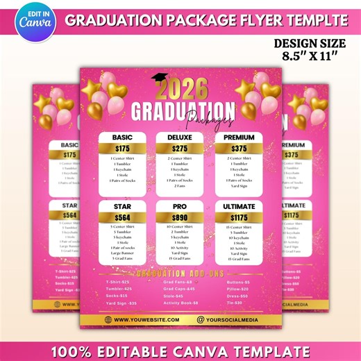 Pink Graduation Package Flyer Template | DIY Marketing Design for Crafters | Canva Class of 2026 Price List | Boutique Graduation Bundles - Etsy