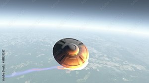 Animation of a saucer shaped UFO entering Earth's atmosphere. Plumes of fire emanate from the front as we follow it further down.