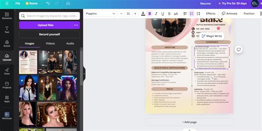 Bottle Girl, Waitress, Bartender Resume Template With Photo, Club Server Resume, Waiter Resume, Nightclub Resume, Customizable in Canva - Etsy