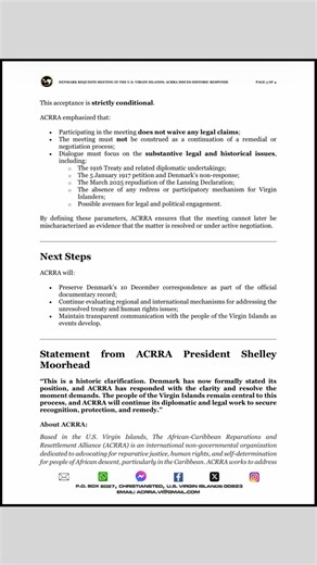 📢 PRESS RELEASE — Denmark Requests Meeting in the U.S. Virgin Islands; ACRRA Issues Historic Response 🇻🇮🤝🇩🇰 Today marks a significant development in ACRRA’s diplomatic engagement with the Kingdom of Denmark. A historic clarification has now entered the public record. 📄✨ Denmark has formally responded to ACRRA’s April 24, 2025 communication addressing treaty-based violations affecting the people of the U.S. Virgin Islands. 🇻🇮⚖️ In this response, Denmark: • ❌ Denies all legal responsibili