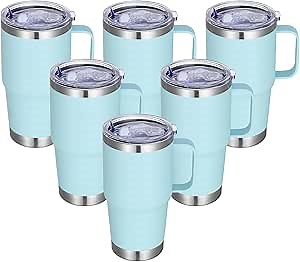 20 oz Stainless Steel Tumbler with Handle Bulk Metal Insulated Tumblers Travel Coffee Mug with Handle Double Wall Tumbler Cup with Lid and Straw, Mint Green 6 Pack