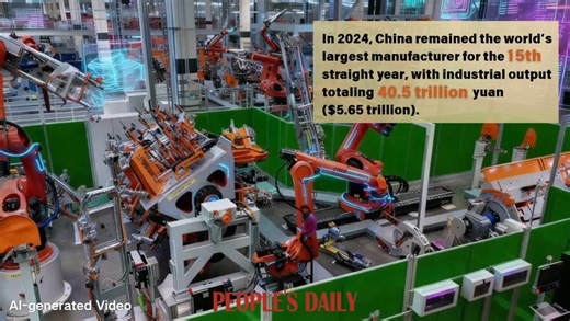 China’s manufacturing industry is advancing toward high-end, intelligent, and green development. #14thFiveYearStride In 2024, the sector retained the top position in the world in terms of overall scale for 15 consecutive years with the total value-added industrial output reaching 40.5 trillion yuan (about $5.65 trillion). Since the launch of the 14th Five-Year Plan (2021–25), China’s manufacturing industry’s annual added value has exceeded 30 trillion yuan, with the output of more than 220 major