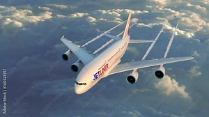 Large jet airplane flying in sunset sky. A beautiful aircraft flying with his trails over the clouds in the flares of the sunset. Stock Video