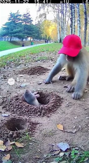 Monkey Blasts a Burrow Moles Burst Out in Chaos!小猴子引爆地洞，嚇得鼴鼠全衝出來 🤯🐒#funnyanimals #wildmoments