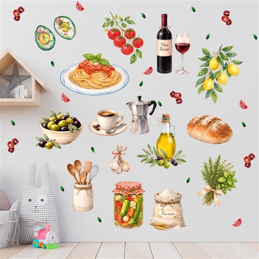 Italian Food Wall Decals, Pasta Wine Olive Oil Lemon Stickers, Kitchen Wall Decor, Mediterranean Food Wall Art Set - Etsy