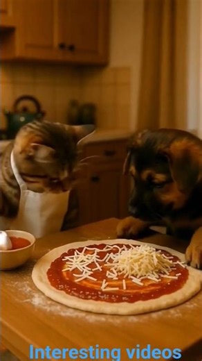 "Cat and Dog Cooking Pizza Together 🍕🐱🐶"#FunnyAnimals#CatAndDog#CookingWithPets#PizzaTime