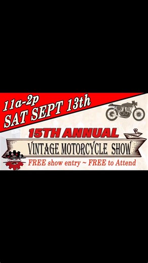 • Annual Vintage Motorcycle Show - 15th • Saturday, September 13, 2025 at 11 AM - 2PM 🕑 See one of the largest gatherings of beautifully restored Motorcycles in Knoxville. FREE to attend, FREE to enter your bike. 👊🏻 Enjoy food from the G.I. Taco FOOD TRUCK, check the vintage motorcycles and visit with the members of the Time Warp Vintage Motorcycle Club and all participating Vintage Motorcycle owners from the area. 🤘🏻 Raffle PRIZES & GIVEAWAYS 👏🏻 Awards are decided by YOU. Vote for your f