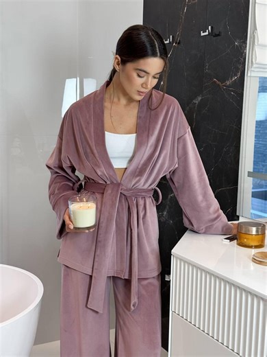 Powder Pink Velour Wrap Loungewear Set for Women, Soft Velour Robe & Wide Leg Pants, Luxury Cozy Home Outfit - Etsy UK