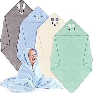 Preboun 4 Pcs Baby Hooded Towel Baby Bath Towel Coral Fleece Absorbent Soft Towels for Newborn Cartoon Animal Hooded Bath Blanket for Kids Toddler Infant Shower (Cute Style)