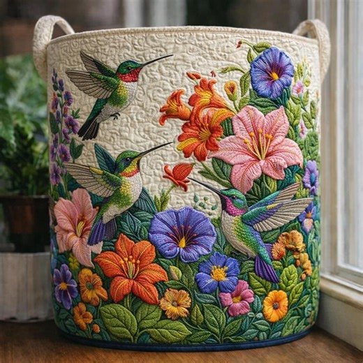 Colorful Hummingbird Floral Quilted Laundry Basket, Cottagecore Fabric Storage Bin, Garden Bird Decorative Organizer, Nursery Hamper - Etsy