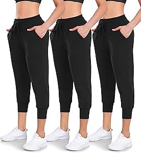 Women's 3 Pack Capri Sweatpants with Pockets - High-Waist Yoga Joggers Athletic Running Leggings for Workout, Gym, Lounge